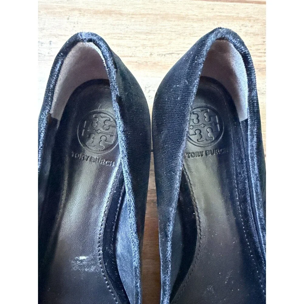Tory Burch Black Velvet Peep Toe Crystal Bow Flats - Leather Sole - Size 6M